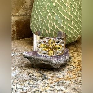 Silver Flower Gemstone Cuff Bracelet